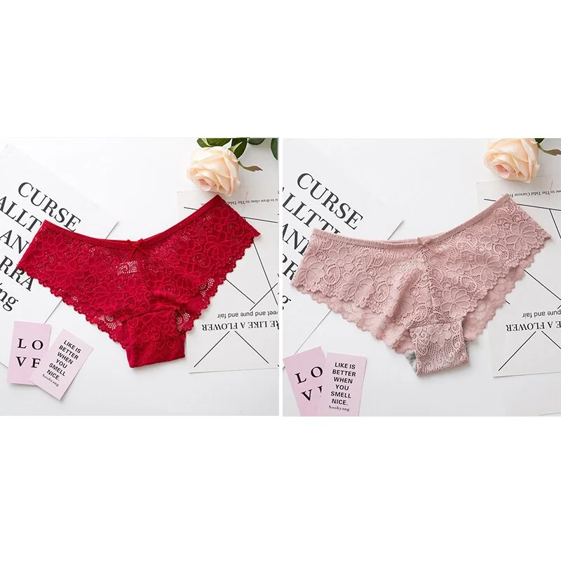 Women Sexy Lace Lingerie Low-waist Panties Embroidery Tempting Briefs Transparent Hollow out Underwear Female Underpants