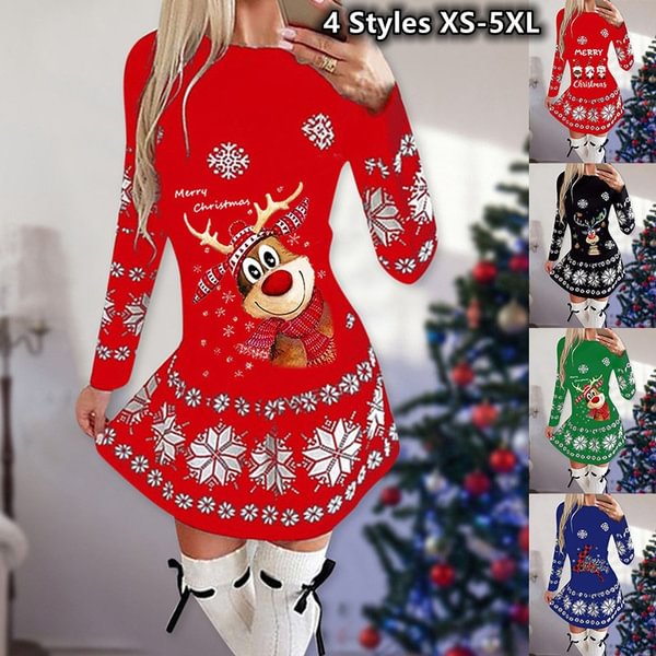New Plus Size Fashion Women's Long Sleeve Round Neck Dresses Merry Christmas Striped Mixed Print Pleated Dresses Casual Party Xmas Bodycon Dresses - Shop Trendy Women's Fashion | TeeYours