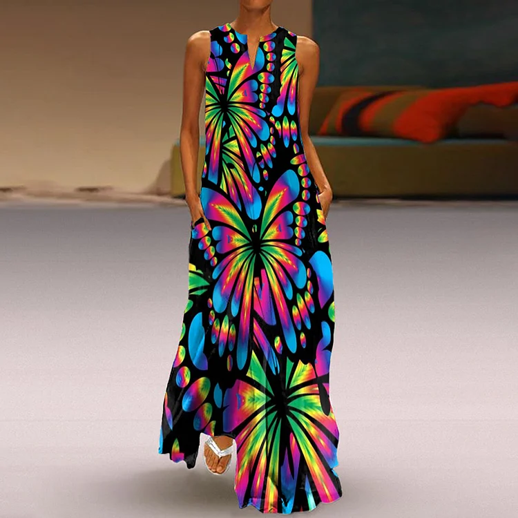 Vefave Pop Butterfly Print Sleeveless Maxi Dress