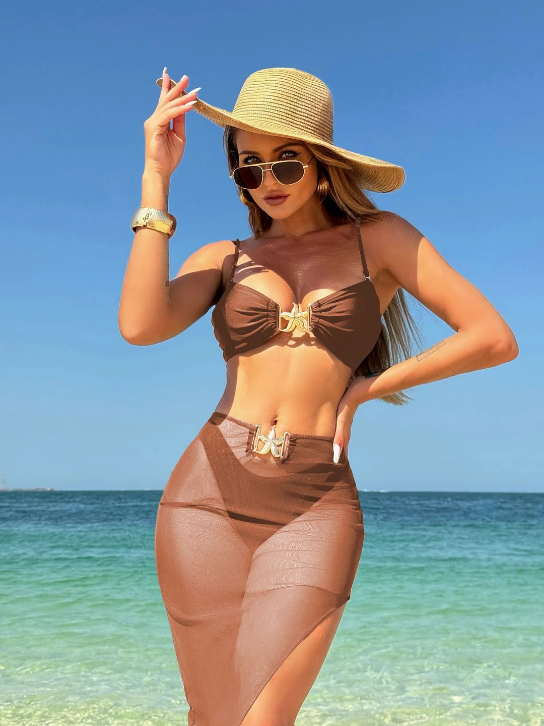 Uveng 2024 New Sexy Solid Three-Piece Mesh Dress Swimsuit Bikini