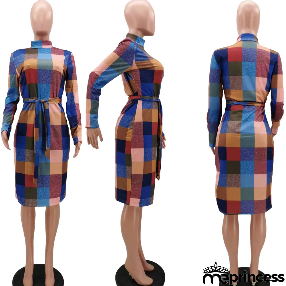 Sexy Printed Long Sleeve Split Sashes Midi Dress