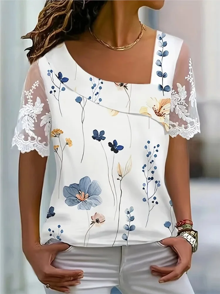 Huiketi Women's Fashion White Blouses 2024 Summer Lace Short Sleeve Tops T-Shirt Casual Buttons Office T-shirt Shirt Top Femme Clothing