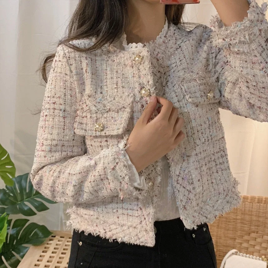 Autumn Winter Tweed Jackets Women ZA O-Neck Long Sleeve Loose Wool Coat Single Breasted Coats Vintage Harajuku Luxurious Jacket