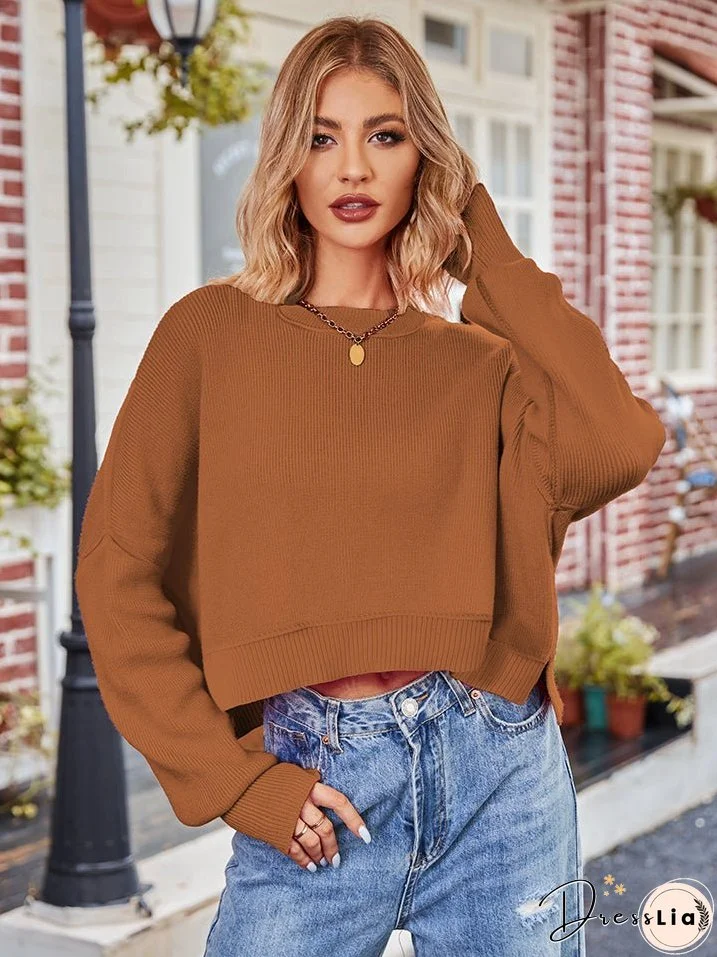 Dropped Shoulder Round Neck Long Sleeve Knit Top