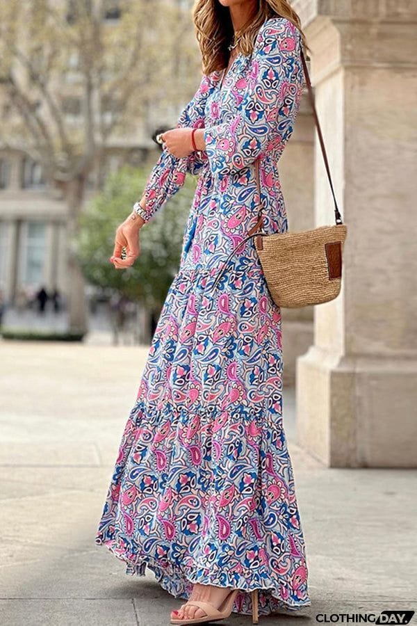 Boho Paisley V Neck Long Sleeve Maxi Dress