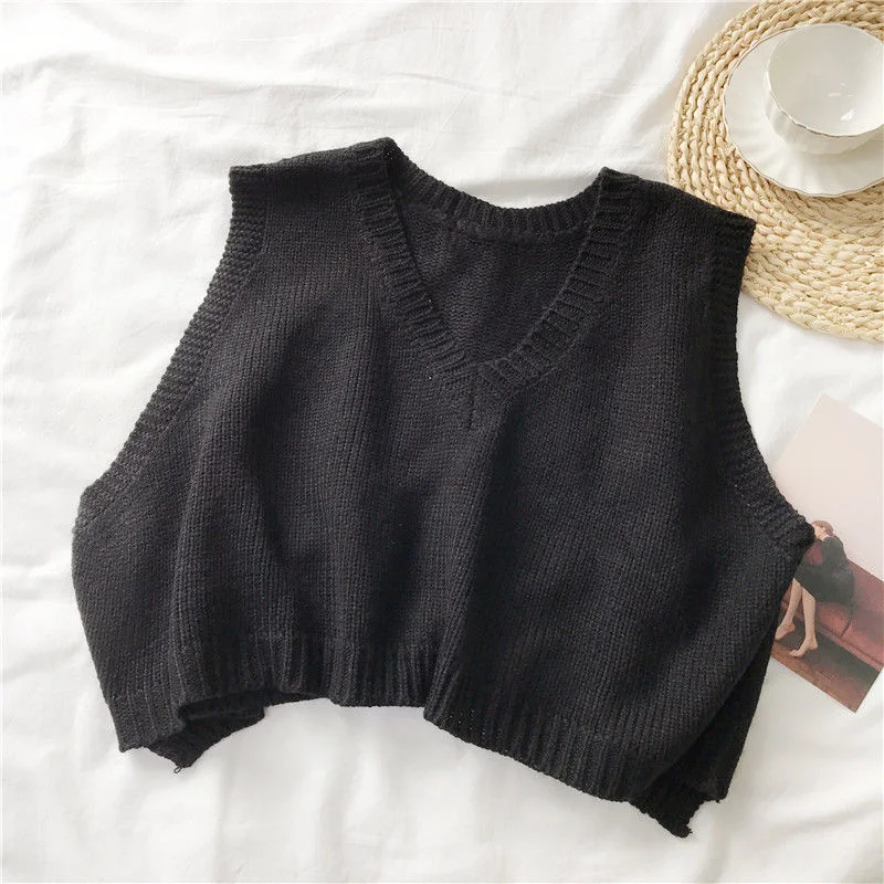 Sweater Vest Women Hot Sale Fashion Simple Solid Spring Fall Ladies Cropped Sweaters All-match Korean College Female Knitwear