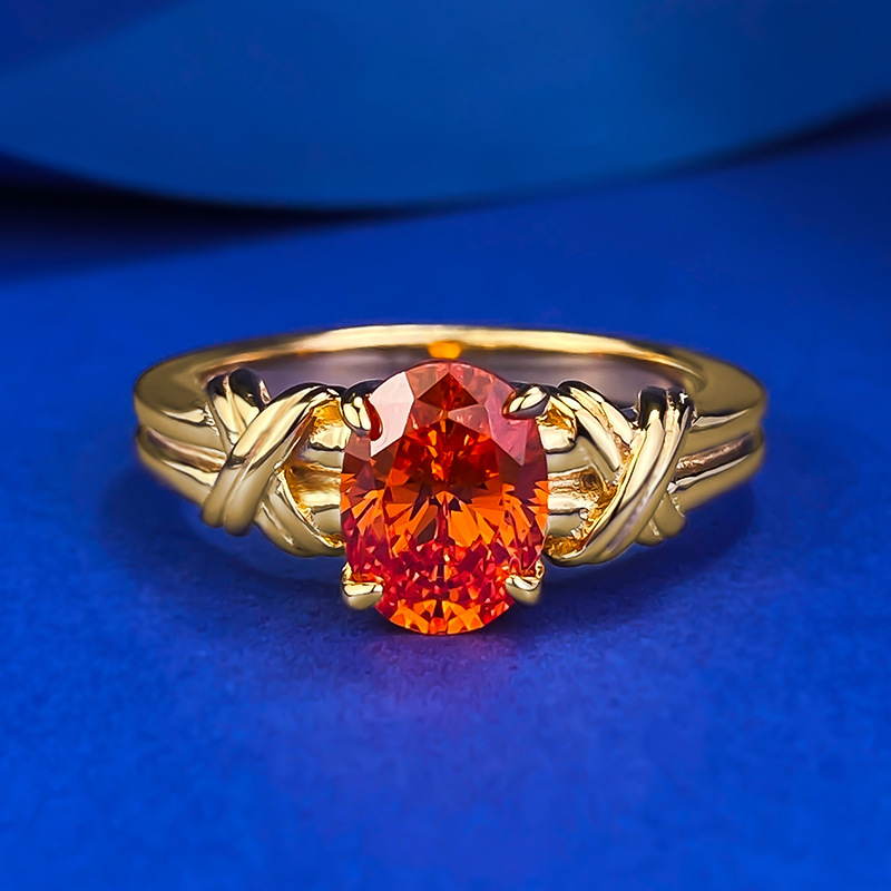 MIKAMU S925 Silver 6*8mm Oval Fanta Stone Ring - Radiant Ice Flower Cut with Creative Weave Design
