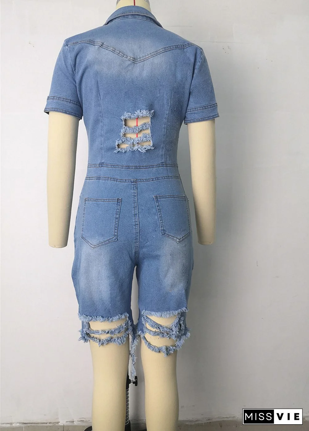 Short Sleeve Ripped Holes Button Denim Rompers