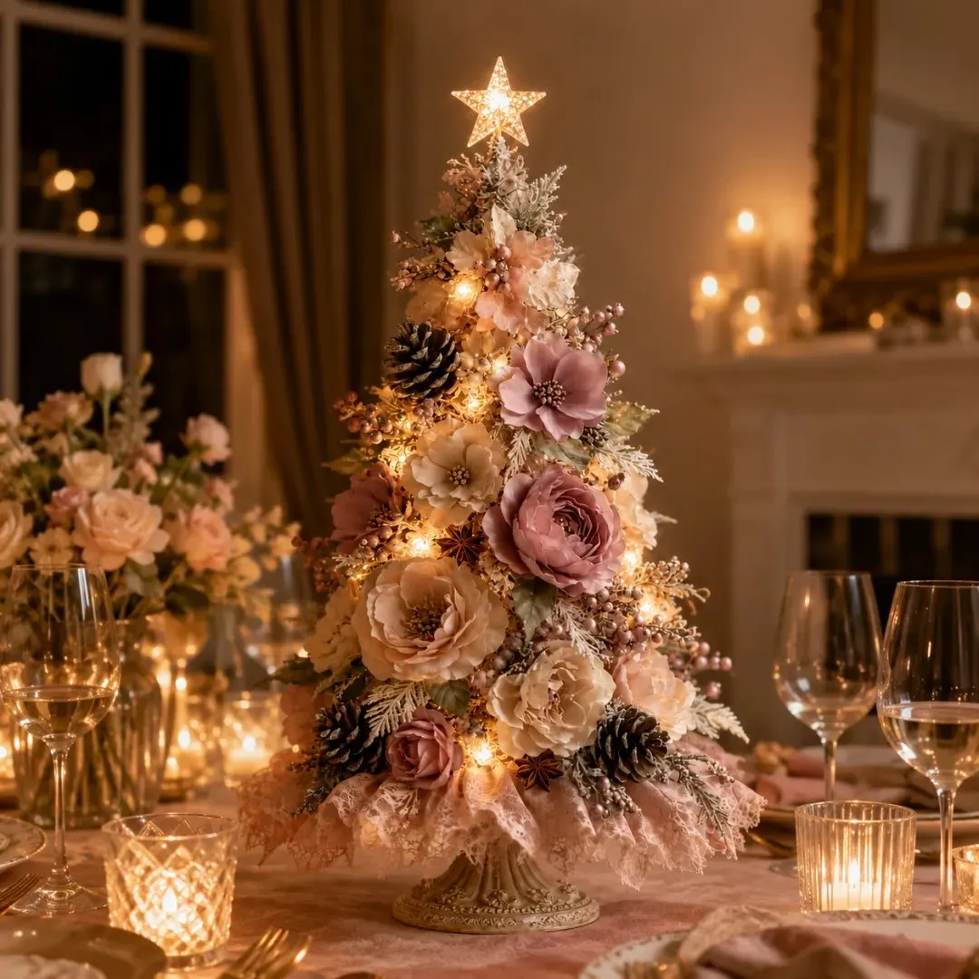 Blush Bloom floral Christmas tree glowing as a dinner table centerpiece