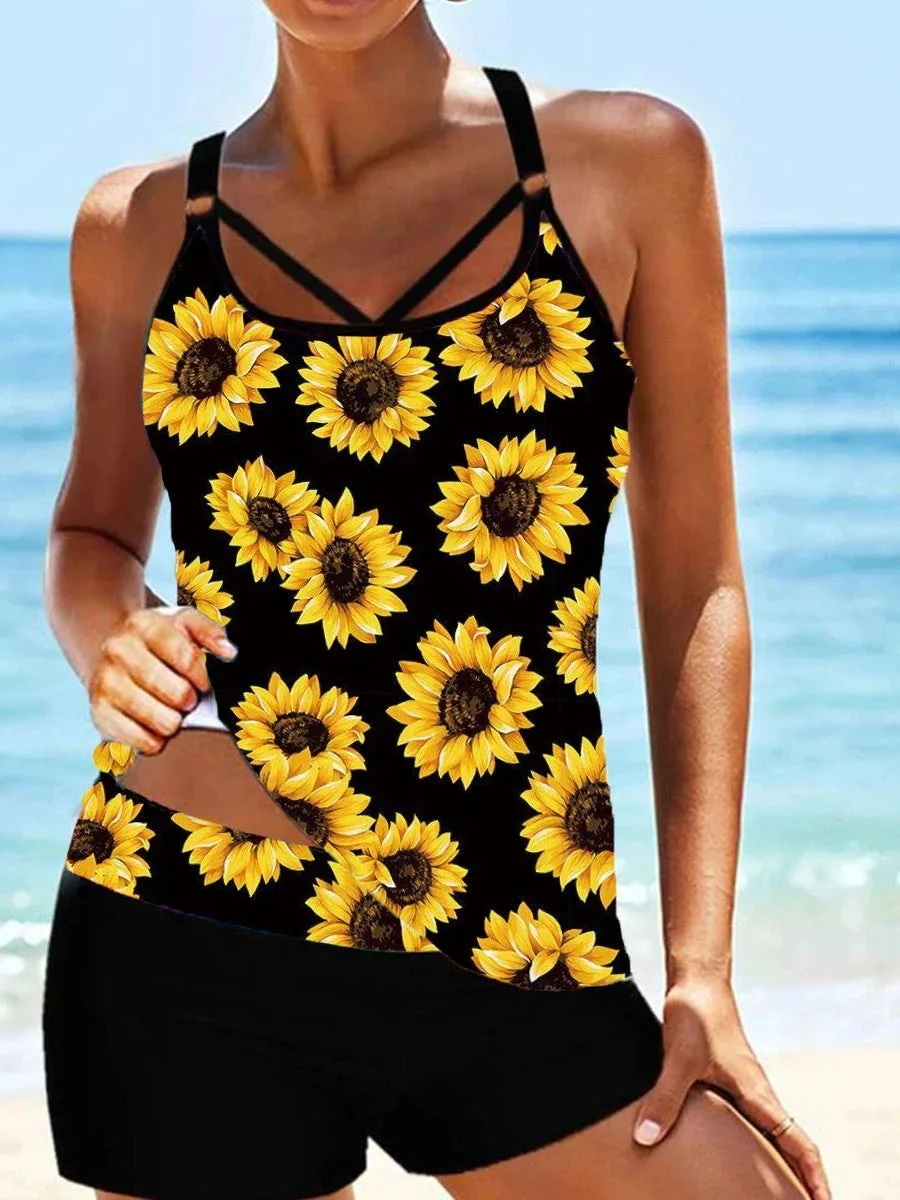 Plus Size Swimwear Sleeveless Floral Printed Tankini