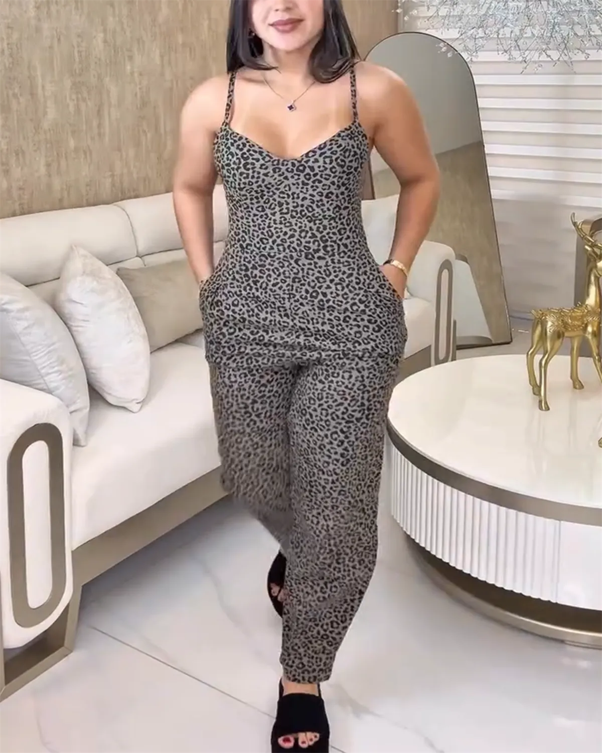 Casual and Comfortable Suspender Leopard Print Bodysuit With Side Zipper