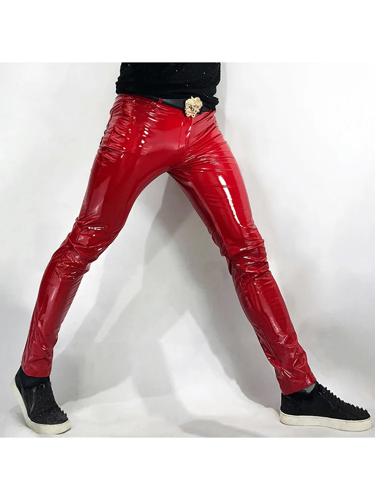 Aonga Spring Skinny Sexy Shiny Reflective Stretchy Black Patent Pu Leather Pants Men Y2K Streetwear Club Party Night Wear aonga