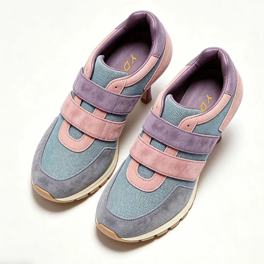 Pink Contrast Mesh Vegan Suede Closed Toe Stiletto Heel Women Sneakers