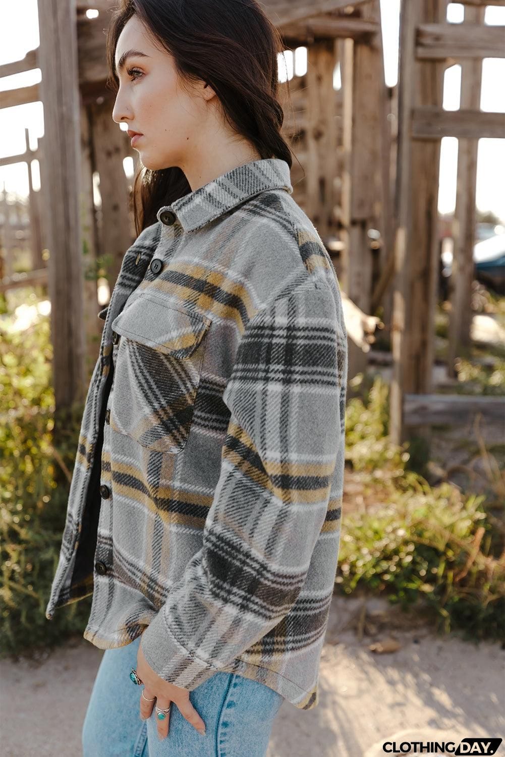 Plaid Button Front Curved Hem Shacket with Pockets