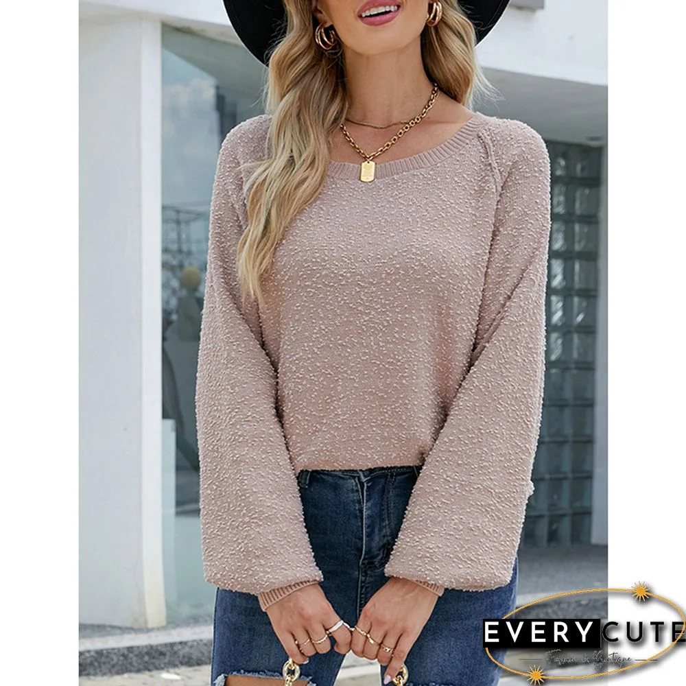 Khaki Solid Color Crew Neck Knit Sweater