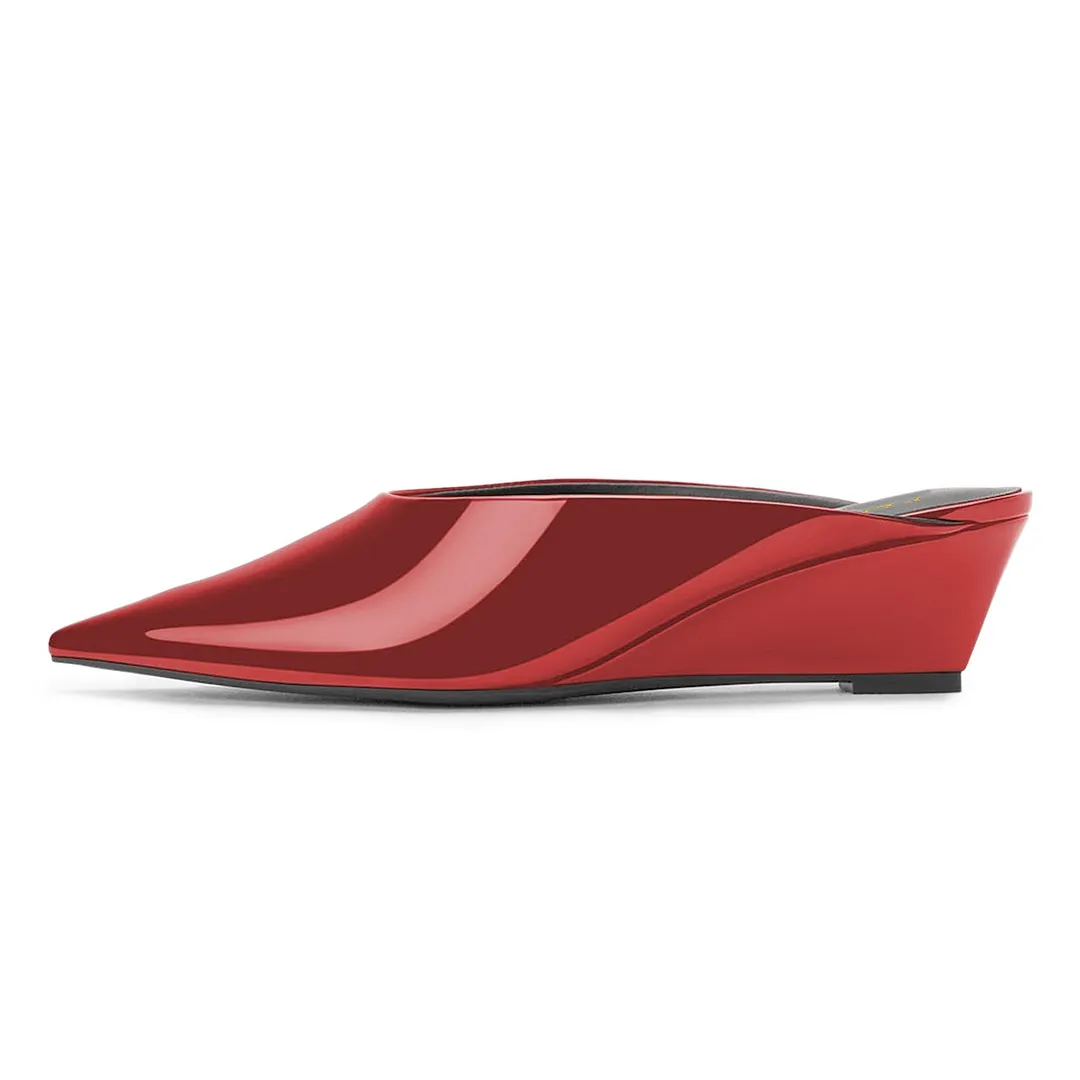 Red Patent Leather Pointed Toe Slip On Wedge Heeled Mules