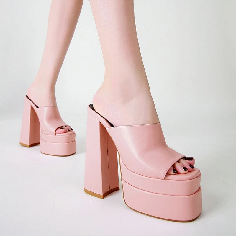 Women Slippers High Heels Open Toe Double Platorm Heeled Chunky 1CM Height Big Size Wedding Shoes Women Slidders