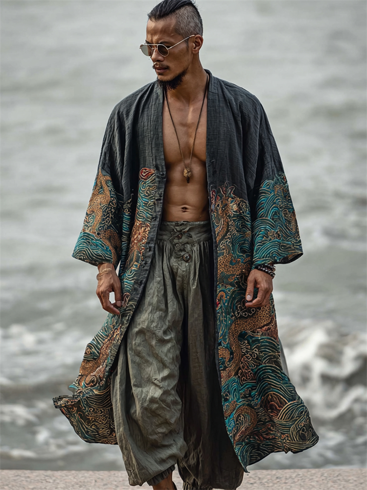 Men's Japanese Dragons Sea Waves Art Linen Long Kimono  artssus