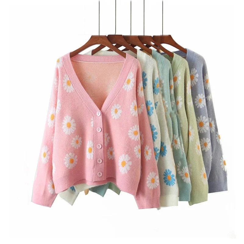 Floral Print Cardigan Women Knitted Sweater Long Sleeve V Neck Jumper Loose Women Oversize Cardigan Casual Coat Jersey Mujer