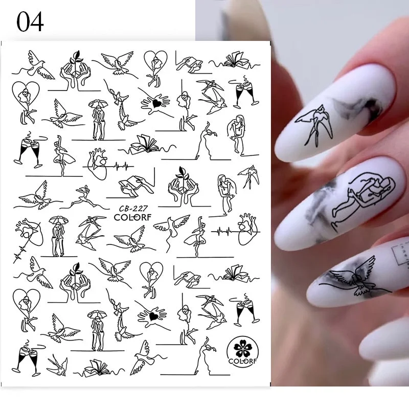 1PC Abstract Face 3D Nail Stickers Geometry Lines Love Letter Slider For Nails Gel Polish Decals For Manicures Decoration-Nail Inspo