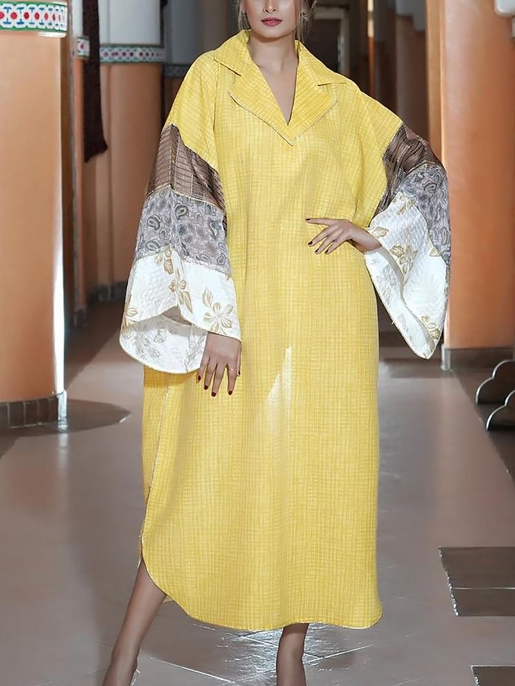 Notched lapel loose yellow dress