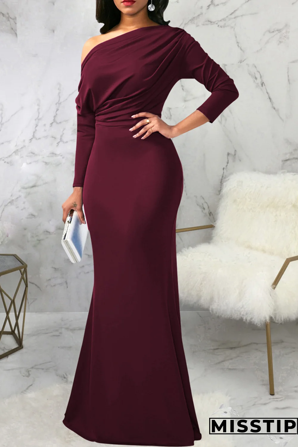 White Street Solid Patchwork One Shoulder Trumpet Mermaid Dresses