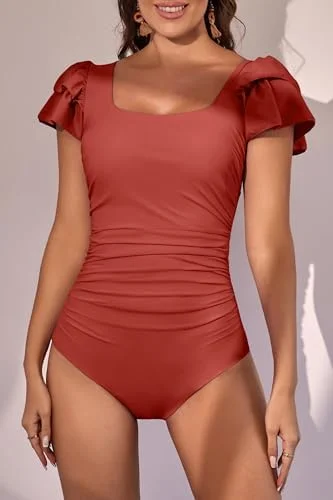 Ruffle Square Neck Tummy Control One Piece Swimsuit