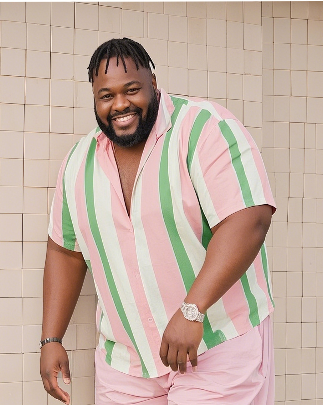 Big Man's Holiday Vacation/Casual Green Pink Striped Color Block Printing Short Sleeve Shirt Pink Shorts Suit