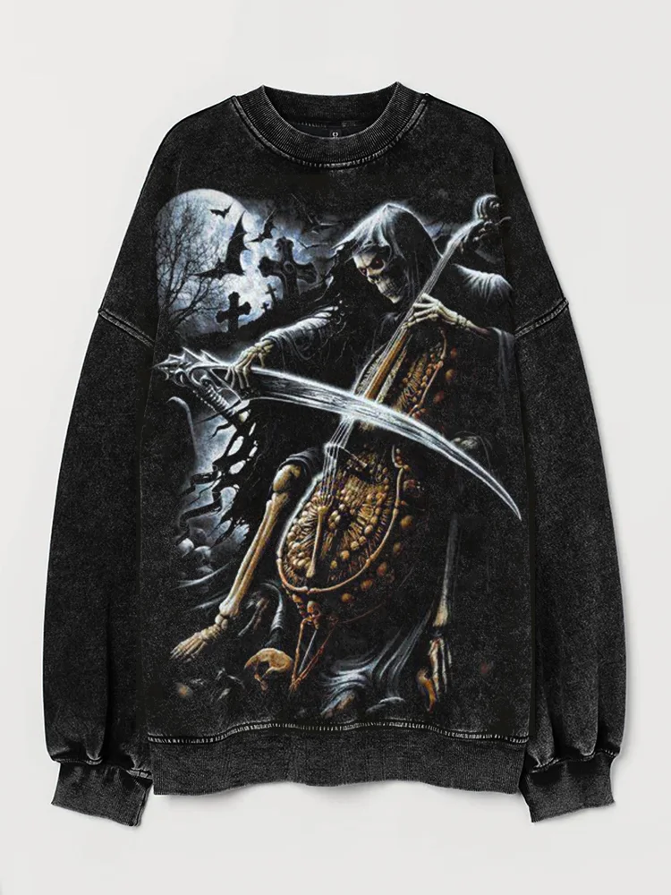 Wearshes Graveyard Grim Reaper Musician Vintage Washed Sweatshirt