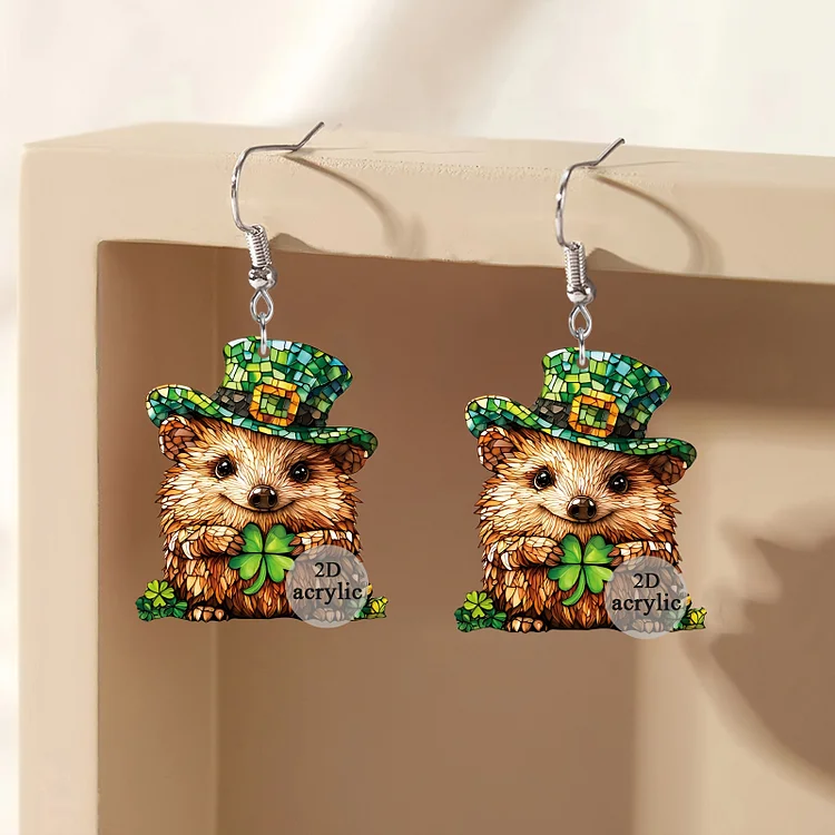 St. Patrick'S Day Hedgehog Earrings with Green Hat
