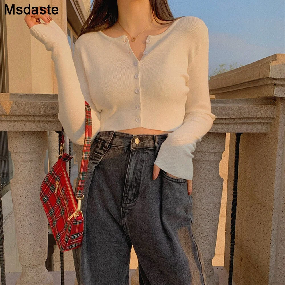 Cropped Cardigans Women Knitted Crop Sweater Top Casual Short Cardigan Female Korean Style Black Cute Knit Sweaters Vintage Tops
