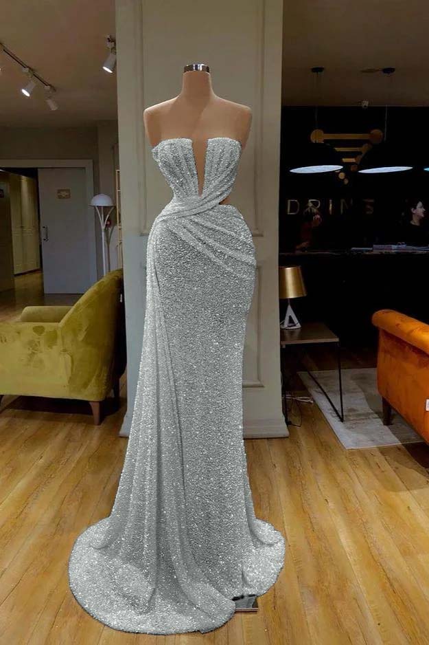 Hidais Sequins Sleeveless Gorgeous White Strapless Prom Dress With Pleated Online