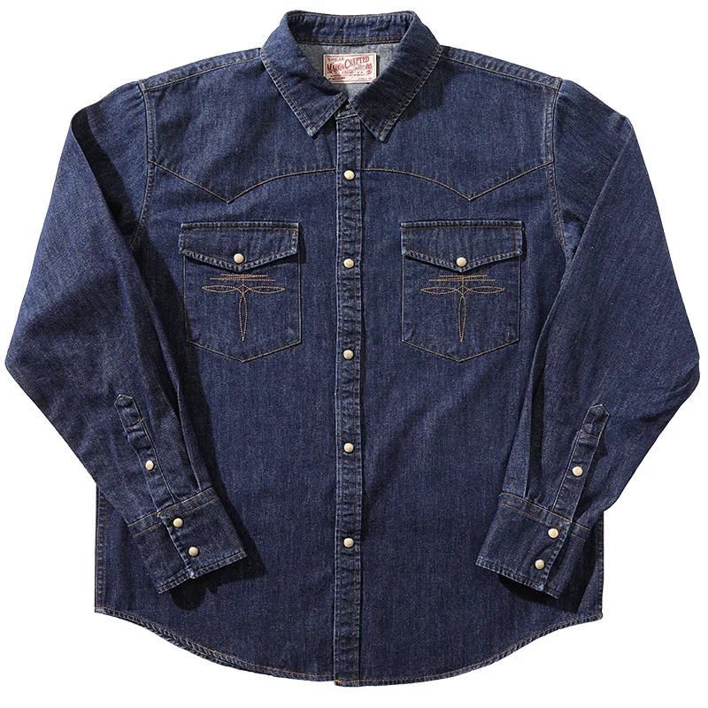 Men's Western Denim Shirt Basic Old Navy Snap Button Western Long Sleeve Shirt 100% Cotton Heavy 35OZ