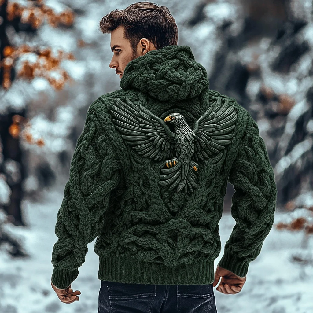 Men's Viking Tribal Eagle Celtic Chunky Knit Hooded Sweater