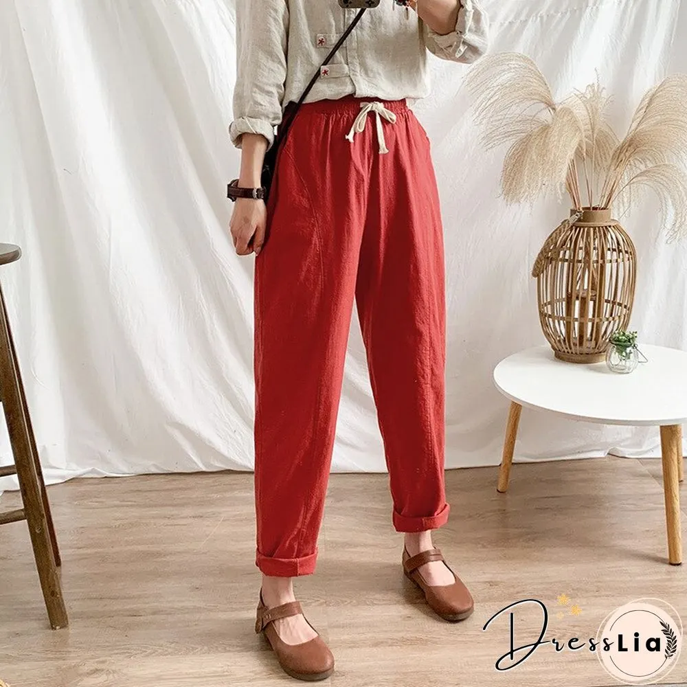 Summer Womens Pants-Cotton Linen Large Size Casual Loose Ankle-Long Capri Drawstring