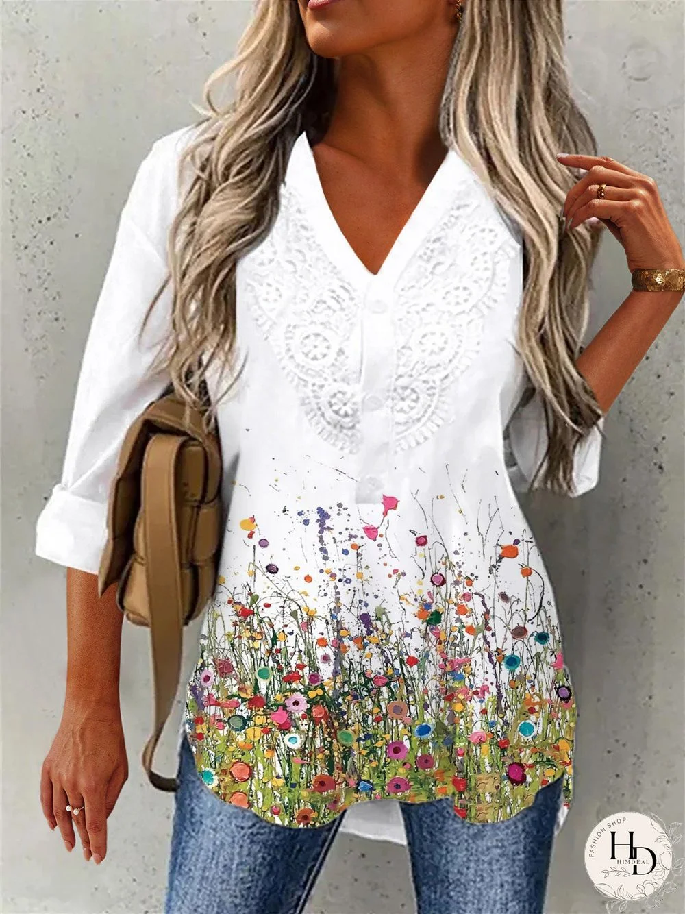 Floral 3/4 Sleeve Lace V Neck Plus Size Casual Tops