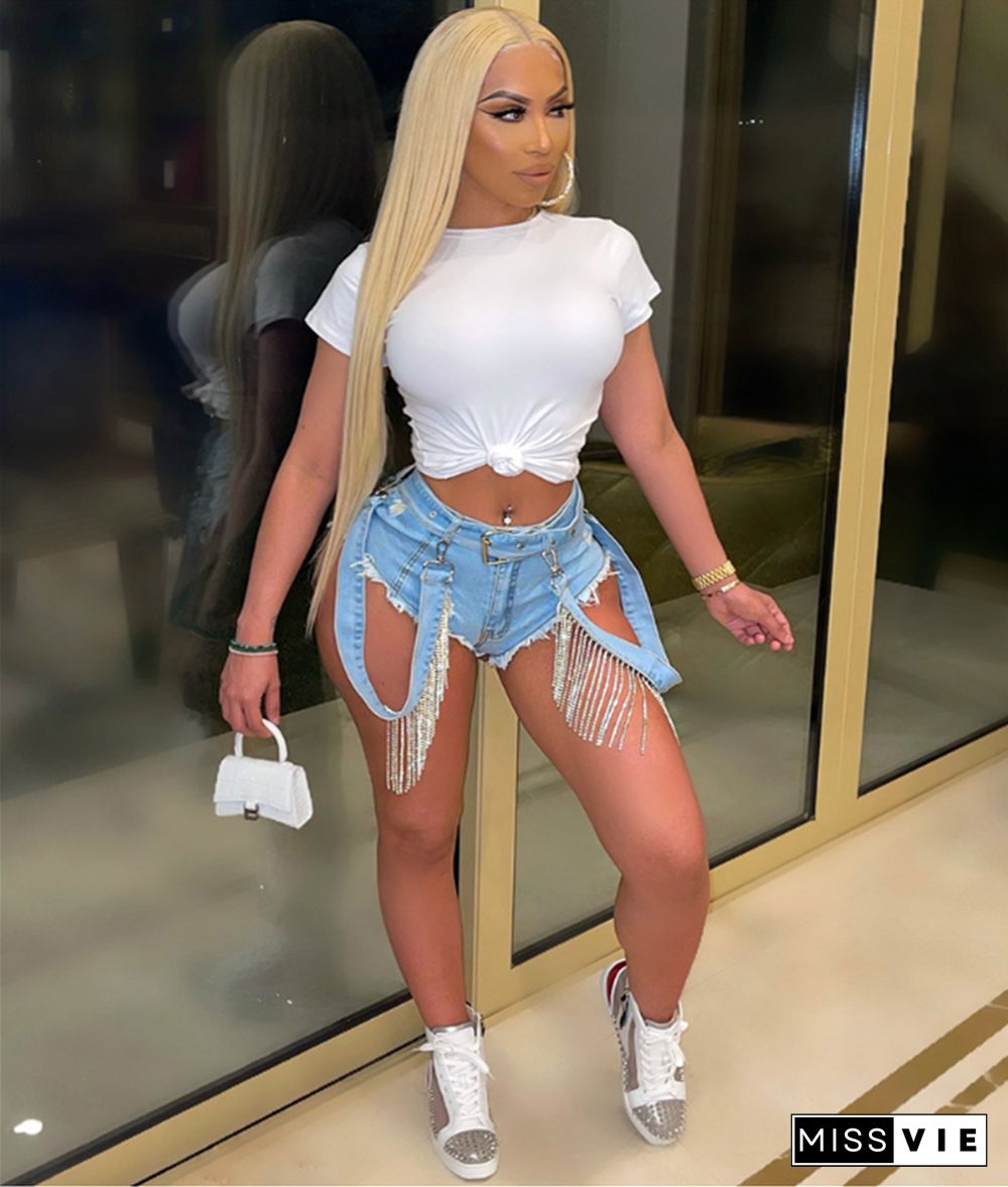 Low Waist Ripped Holes Tassel Hot Drill Denim Shorts