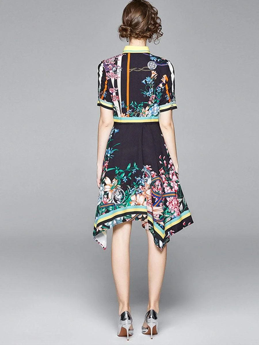 Fashion Printed Short Sleeved Shirt Collar Dress