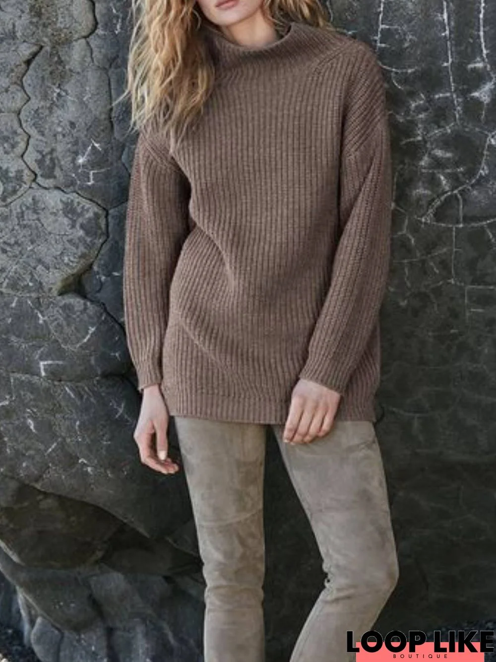 Brown Plain Shift Long Sleeve Sweater