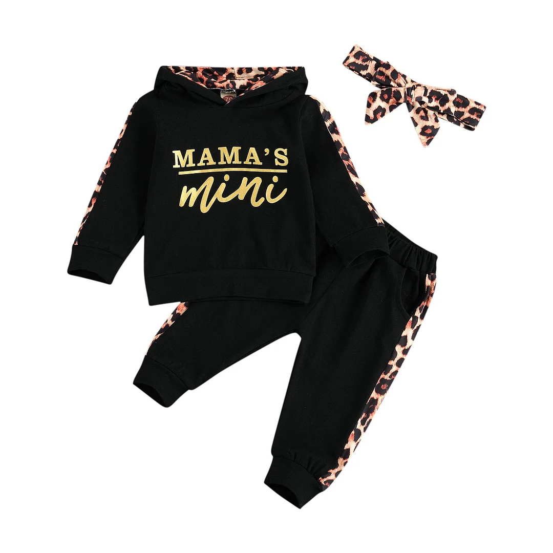 Infant Baby Girl Long-sleeved Trousers Suit Letter Hooded T-shirt Leopard Stitching Long Pants Headband 3Pcs Clothes Spring Fall