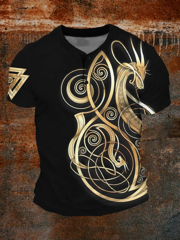 Broswear Men's Norse Valknut Dragon Graphic Henley Shirt