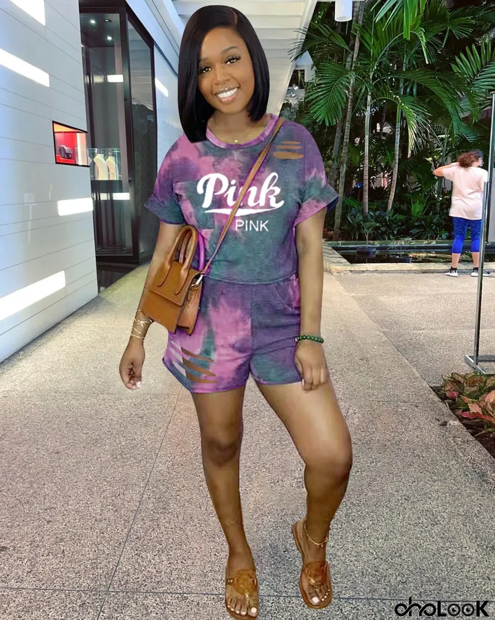 Fashion Tie-dye PINK Letter Printed Short Sleeve Shorts Two Piece Sets
