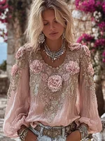 Vintage Boho Rose Embroidered Long Sleeve Cozy Linen T Shirt