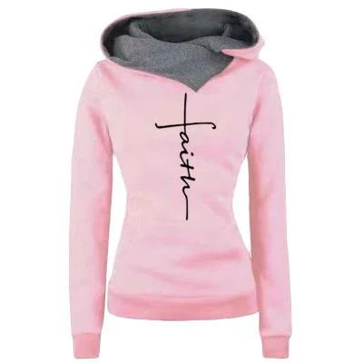 Autumn Winter Hoodies Sweatshirts Women Faith Embroidered Sweatshirt Long Sleeve Pullovers Christmas Casual Warm Hooded Tops