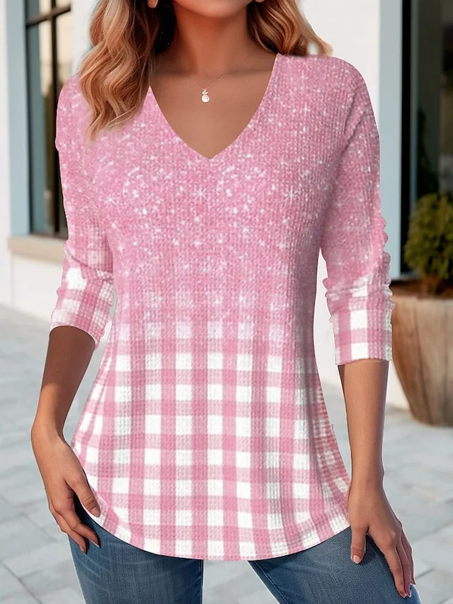 Women's T shirt Tee Black White Pink Plaid Print Long Sleeve Daily Weekend Basic V Neck Regular Fit Painting Spring &  Fall
