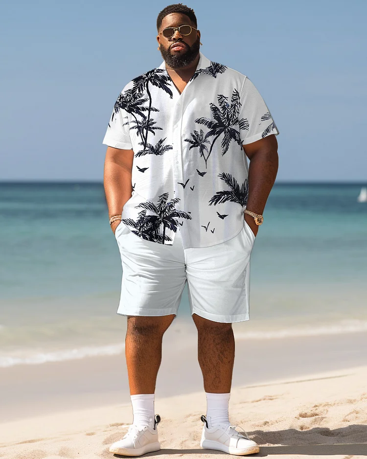 Men's Plus Size Hawaiian Monochrome Plant Print Shirt Shorts Suit