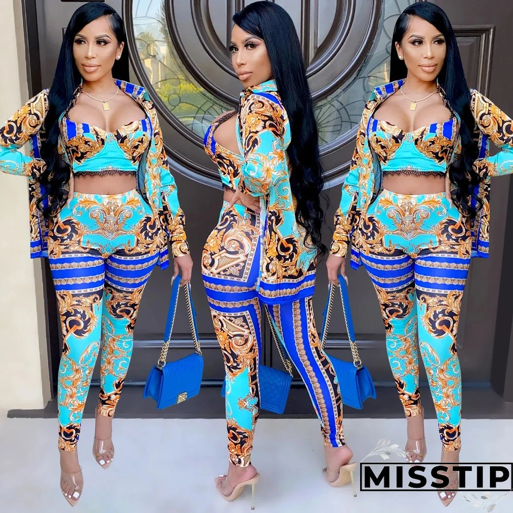 Women Printed Tank Top+Jacket Skinny Pants 3 Pieces