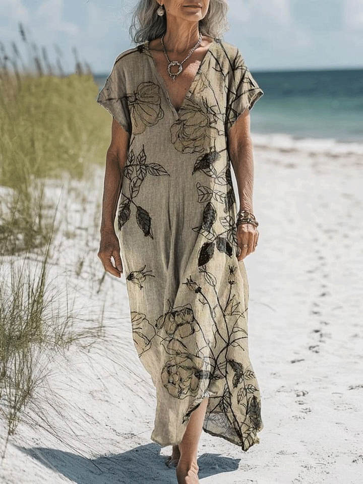 Women's Vintage Lovely Floral Art Print Pocket Cotton Dress