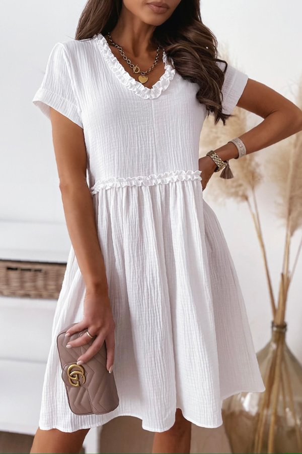 Solid Color Agaric Lace V-neck High Waist Short Sleeve Dress