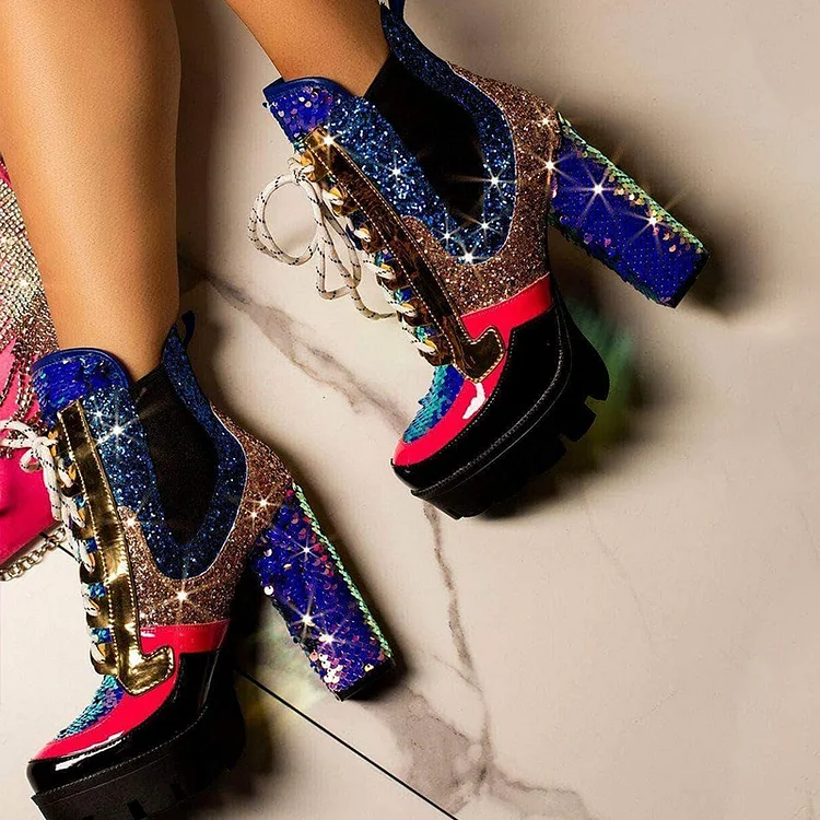 MultiColor Lace Up Boots Glitter Sequin Chunky Heel Platform Booties |FSJ Shoes